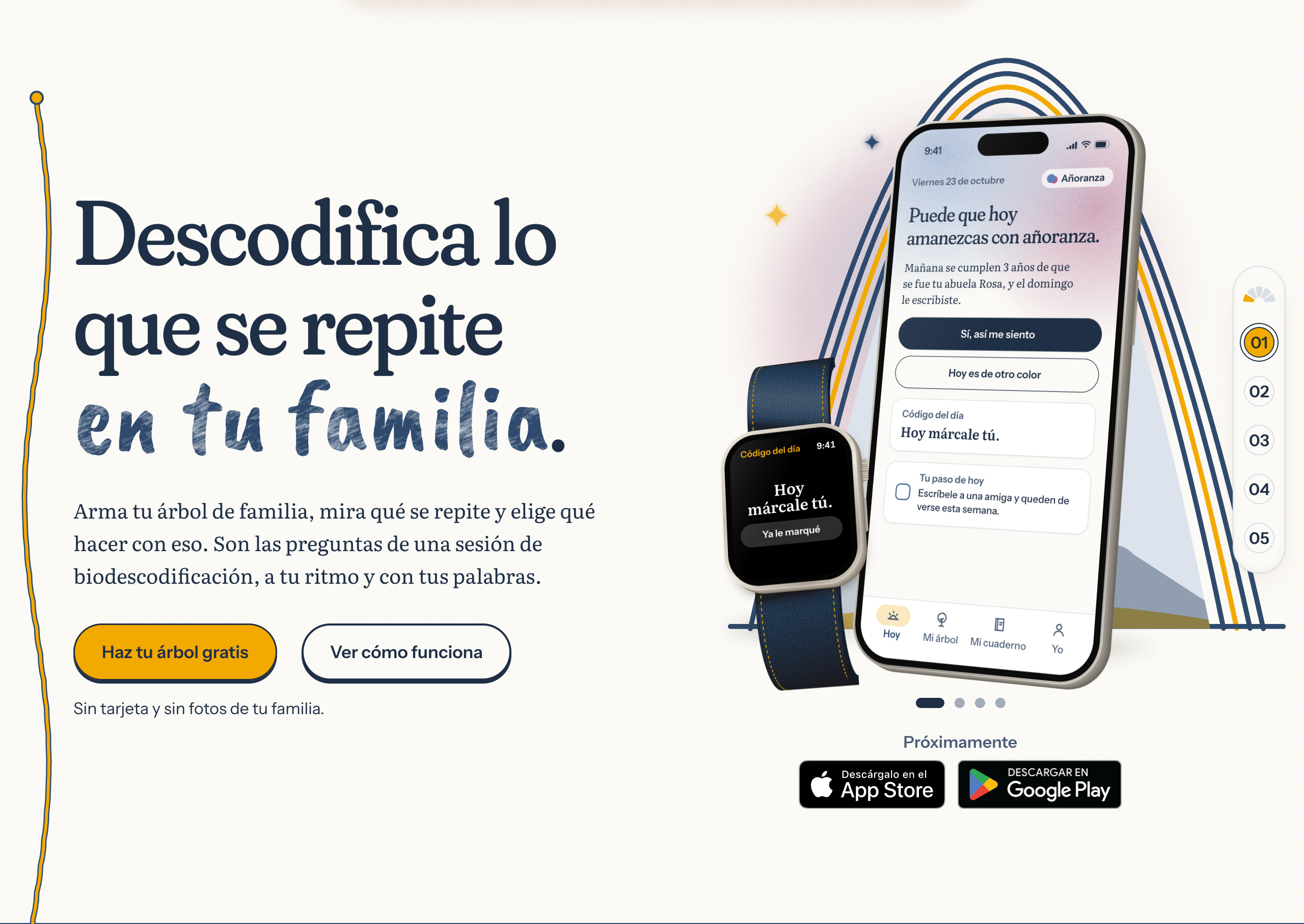 El hero de biocod.app: el título con su remate en crayola y el teléfono con el reloj sobre la feria